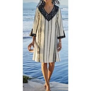 Soft Surroundings Shift Dress 3X‎ Cotton Cream Black Trim V-Neck Casual Relaxed